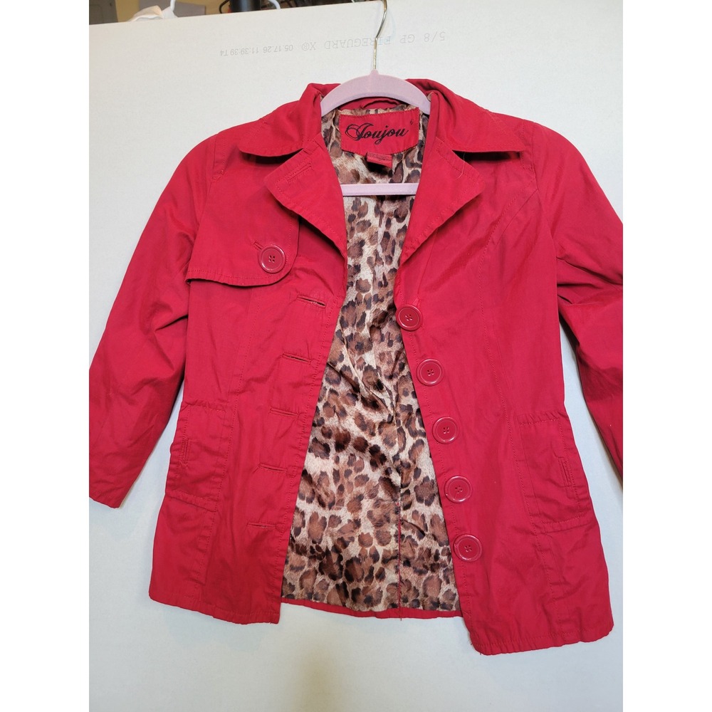 Joujou Girls Red Trench Coat Jacket Leopard Print‎ Lining Size S 7/8 1301